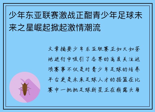 少年东亚联赛激战正酣青少年足球未来之星崛起掀起激情潮流