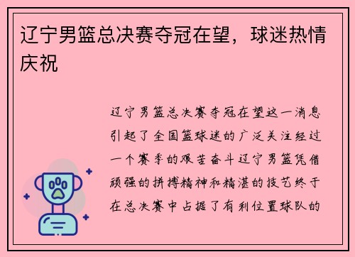 辽宁男篮总决赛夺冠在望，球迷热情庆祝