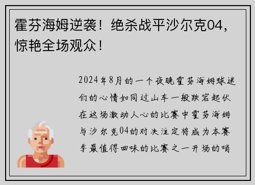 霍芬海姆逆袭！绝杀战平沙尔克04，惊艳全场观众！
